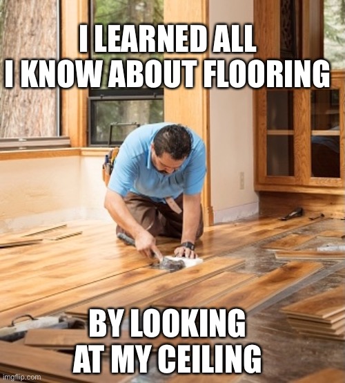 I learned all I know about flooring by looking at my ceiling | I LEARNED ALL I KNOW ABOUT FLOORING; BY LOOKING AT MY CEILING | image tagged in globetardlogic,inferencevsevidence,globetard,earthisaplane | made w/ Imgflip meme maker