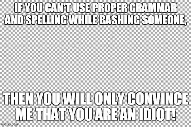 Free | IF YOU CAN'T USE PROPER GRAMMAR AND SPELLING WHILE BASHING SOMEONE, THEN YOU WILL ONLY CONVINCE ME THAT YOU ARE AN IDIOT! | image tagged in free | made w/ Imgflip meme maker