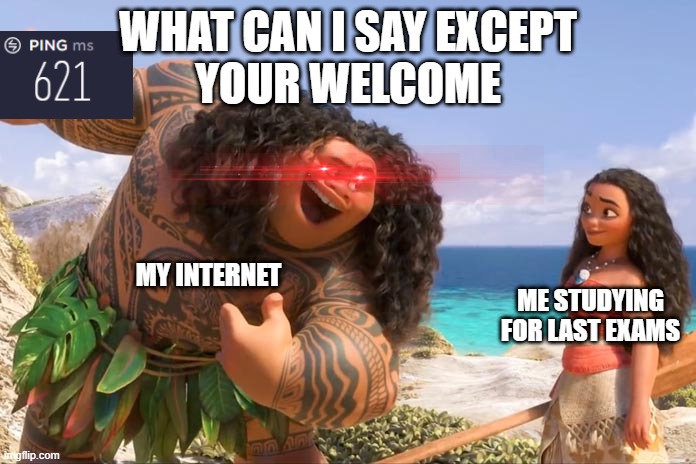 Moana Maui You're Welcome | WHAT CAN I SAY EXCEPT
YOUR WELCOME; MY INTERNET; ME STUDYING FOR LAST EXAMS | image tagged in moana maui you're welcome | made w/ Imgflip meme maker