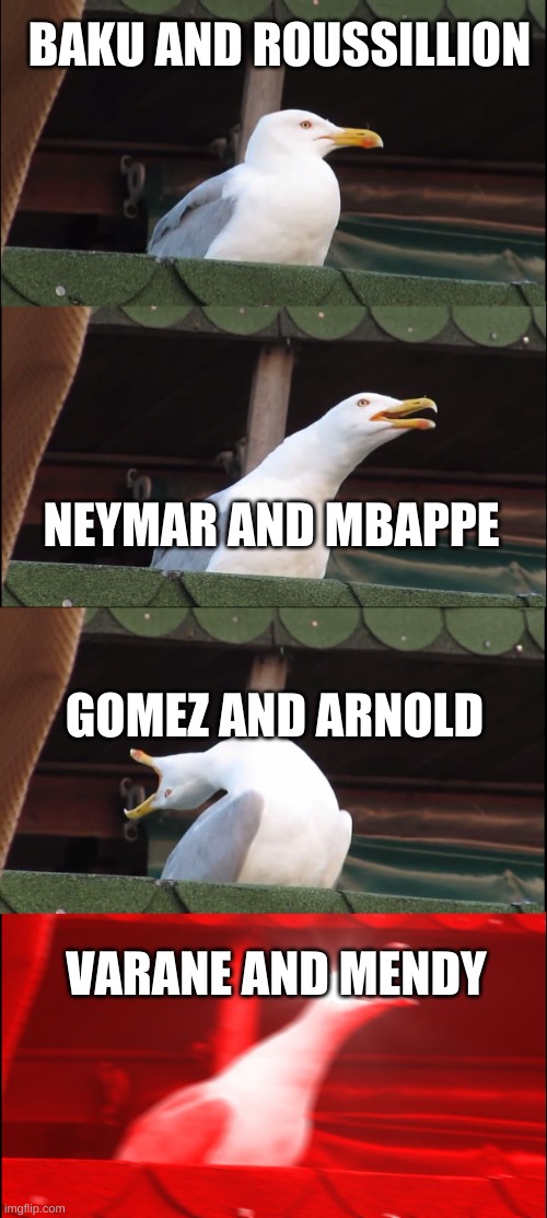 Fifa 21 | BAKU AND ROUSSILLION; NEYMAR AND MBAPPE; GOMEZ AND ARNOLD; VARANE AND MENDY | image tagged in memes,inhaling seagull | made w/ Imgflip meme maker