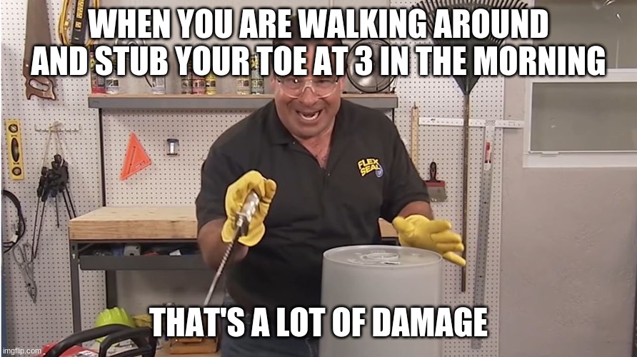 flex tape can't fix everything |  WHEN YOU ARE WALKING AROUND AND STUB YOUR TOE AT 3 IN THE MORNING; THAT'S A LOT OF DAMAGE | image tagged in phil swift that's a lotta damage flex tape/seal | made w/ Imgflip meme maker