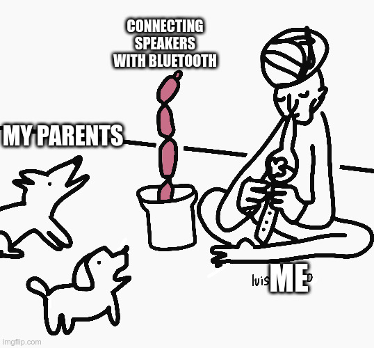 Charming dogs | CONNECTING SPEAKERS WITH BLUETOOTH; MY PARENTS; ME | image tagged in wow,impressive,serpent charmer,flute | made w/ Imgflip meme maker