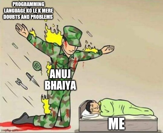 Soldier protecting sleeping child | PROGRAMMING LANGUAGE KO LE K MERE DOUBTS AND PROBLEMS; ANUJ BHAIYA; ME | image tagged in soldier protecting sleeping child | made w/ Imgflip meme maker