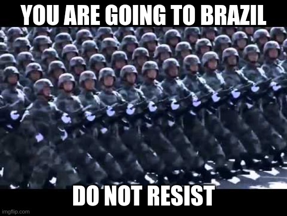 Army marching | YOU ARE GOING TO BRAZIL DO NOT RESIST | image tagged in army marching | made w/ Imgflip meme maker