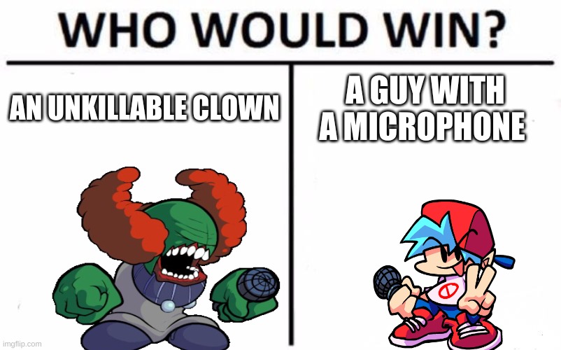 he wins every thing!!! | AN UNKILLABLE CLOWN; A GUY WITH A MICROPHONE | image tagged in memes,who would win | made w/ Imgflip meme maker