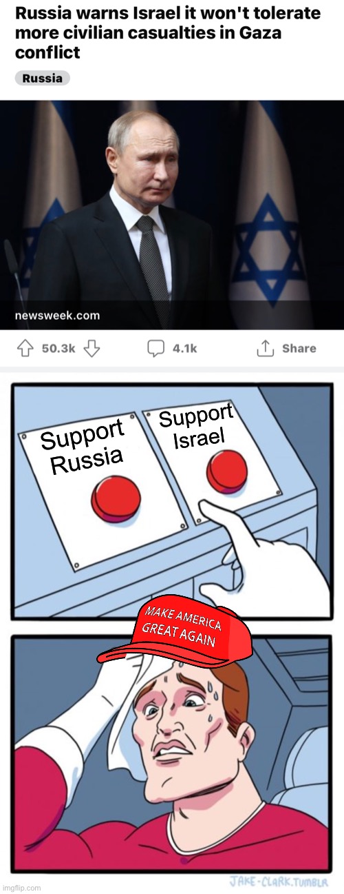 TRUMPERS BE LIKE | Support Israel; Support Russia | image tagged in memes,two buttons,trumper,maga,russia,isreal | made w/ Imgflip meme maker