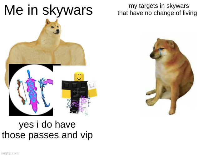 my targets have no chance(i don't use armor though) | Me in skywars; my targets in skywars that have no change of living; yes i do have those passes and vip | image tagged in memes,buff doge vs cheems | made w/ Imgflip meme maker