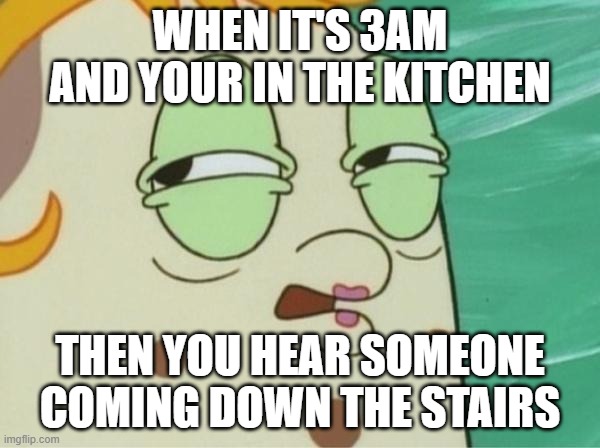 Mrs puff.  | WHEN IT'S 3AM AND YOUR IN THE KITCHEN; THEN YOU HEAR SOMEONE COMING DOWN THE STAIRS | image tagged in mrs puff | made w/ Imgflip meme maker