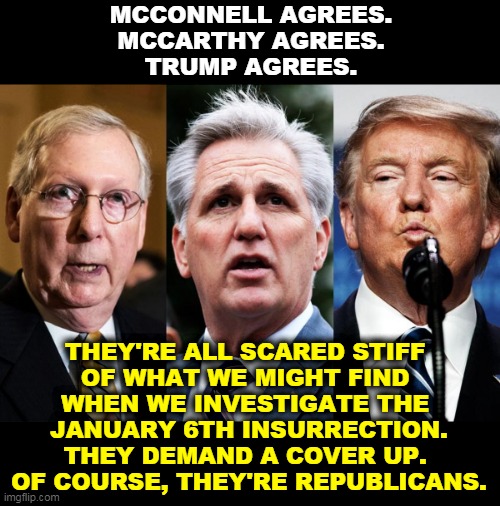 Everyone's got something to hide, especially the GOP. | MCCONNELL AGREES.
MCCARTHY AGREES.
TRUMP AGREES. THEY'RE ALL SCARED STIFF 
OF WHAT WE MIGHT FIND 
WHEN WE INVESTIGATE THE 
JANUARY 6TH INSURRECTION.
THEY DEMAND A COVER UP. 
OF COURSE, THEY'RE REPUBLICANS. | image tagged in trump,mitch mcconnell,gop,republican,cover up,always | made w/ Imgflip meme maker