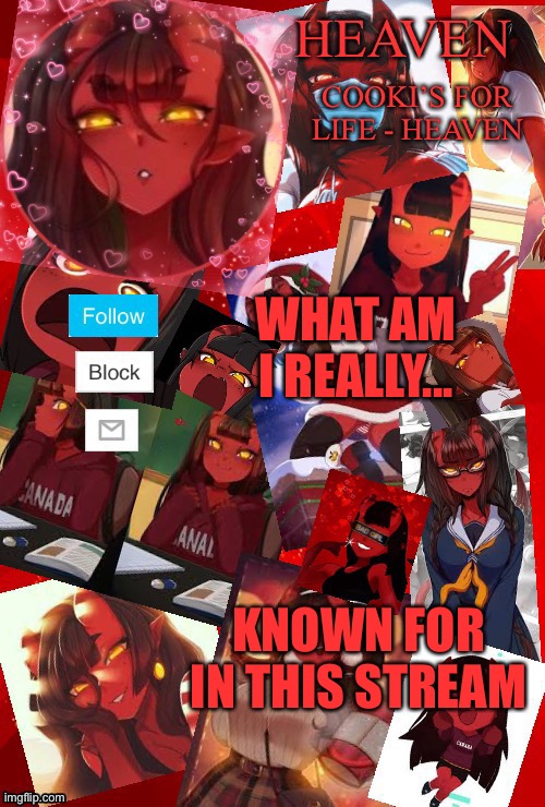 I stg- if this starts a trend I will literally Just Spam cooki | WHAT AM I REALLY... KNOWN FOR IN THIS STREAM | image tagged in heaven meru | made w/ Imgflip meme maker