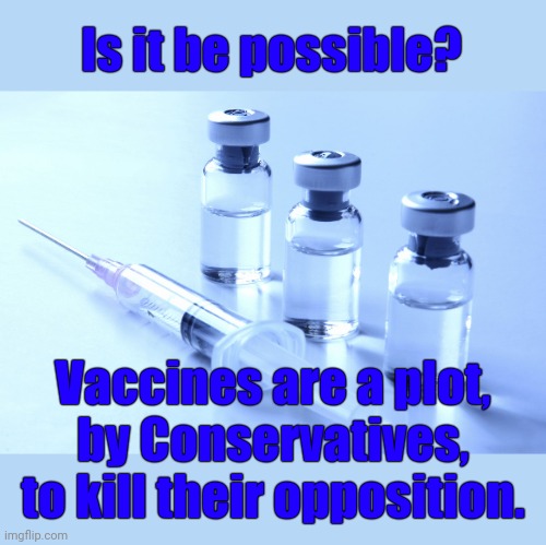 Think about it! | Is it be possible? Vaccines are a plot,
by Conservatives,
to kill their opposition. | image tagged in vaccine,conservatives,kill,conspiracy | made w/ Imgflip meme maker