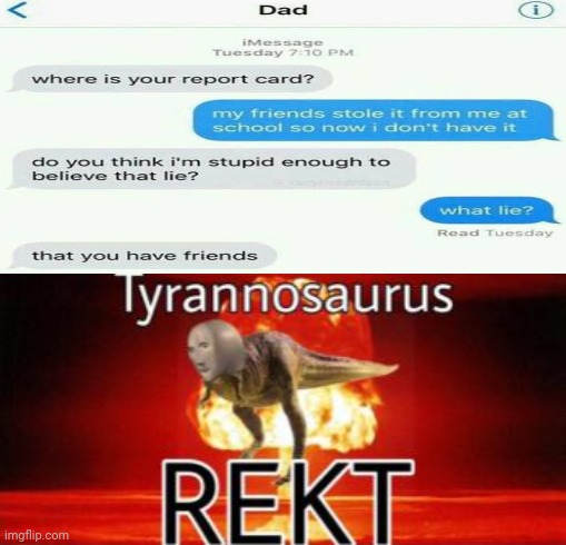 A report card | image tagged in tyrannosaurus rekt,funny,roasts,roast,memes,text messages | made w/ Imgflip meme maker