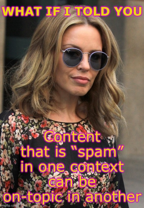 She’s right, you know | WHAT IF I TOLD YOU; Content that is “spam” in one context can be on-topic in another | image tagged in kylie morpheus | made w/ Imgflip meme maker