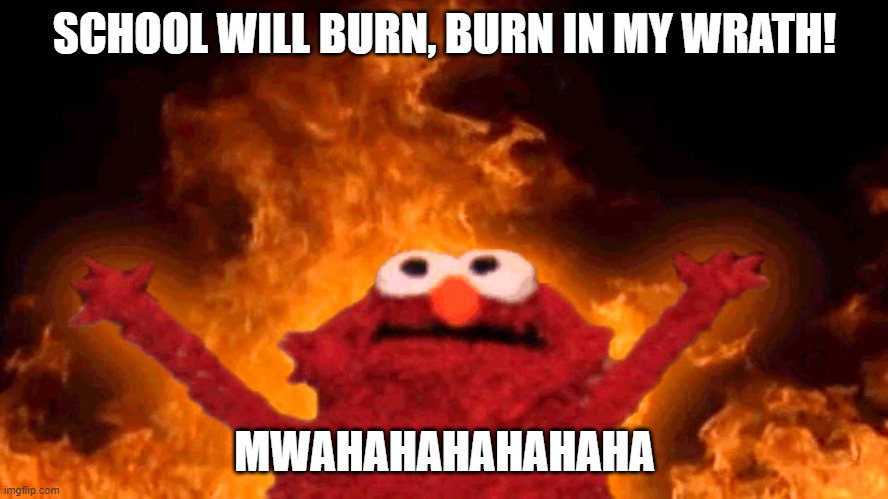 elmo fire | SCHOOL WILL BURN, BURN IN MY WRATH! MWAHAHAHAHAHAHA | image tagged in elmo fire | made w/ Imgflip meme maker