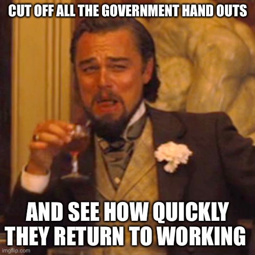 Laughing Leo Meme | CUT OFF ALL THE GOVERNMENT HAND OUTS AND SEE HOW QUICKLY THEY RETURN TO WORKING | image tagged in memes,laughing leo | made w/ Imgflip meme maker
