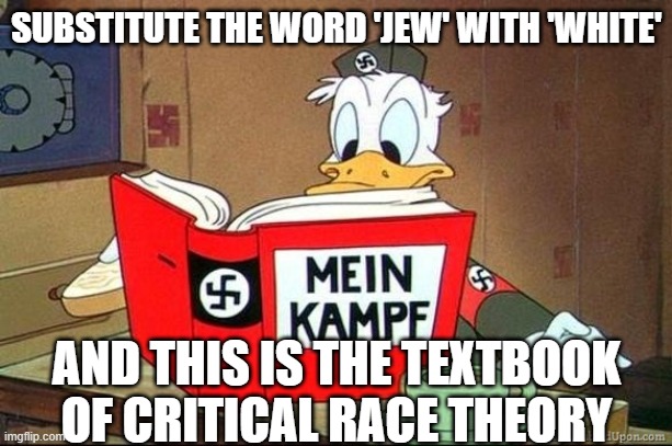 Critical Racist Theory | SUBSTITUTE THE WORD 'JEW' WITH 'WHITE'; AND THIS IS THE TEXTBOOK OF CRITICAL RACE THEORY | image tagged in donald duck mein kampf | made w/ Imgflip meme maker