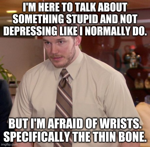 It's so.... ahhhh | I'M HERE TO TALK ABOUT SOMETHING STUPID AND NOT DEPRESSING LIKE I NORMALLY DO. BUT I'M AFRAID OF WRISTS. SPECIFICALLY THE THIN BONE. | image tagged in memes,afraid to ask andy | made w/ Imgflip meme maker