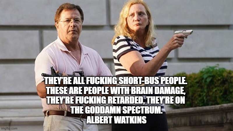 Yeah, he's their lawyer too | THEY’RE ALL FUCKING SHORT-BUS PEOPLE. 
THESE ARE PEOPLE WITH BRAIN DAMAGE, 
THEY’RE FUCKING RETARDED, THEY’RE ON 
THE GODDAMN SPECTRUM.

ALBERT WATKINS | image tagged in st louis gun couple,short bus | made w/ Imgflip meme maker