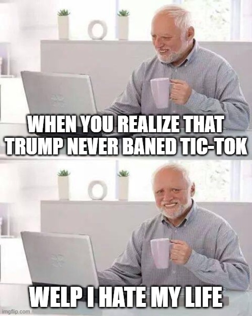 Tik Tok | WHEN YOU REALIZE THAT TRUMP NEVER BANED TIC-TOK; WELP I HATE MY LIFE | image tagged in memes,hide the pain harold | made w/ Imgflip meme maker