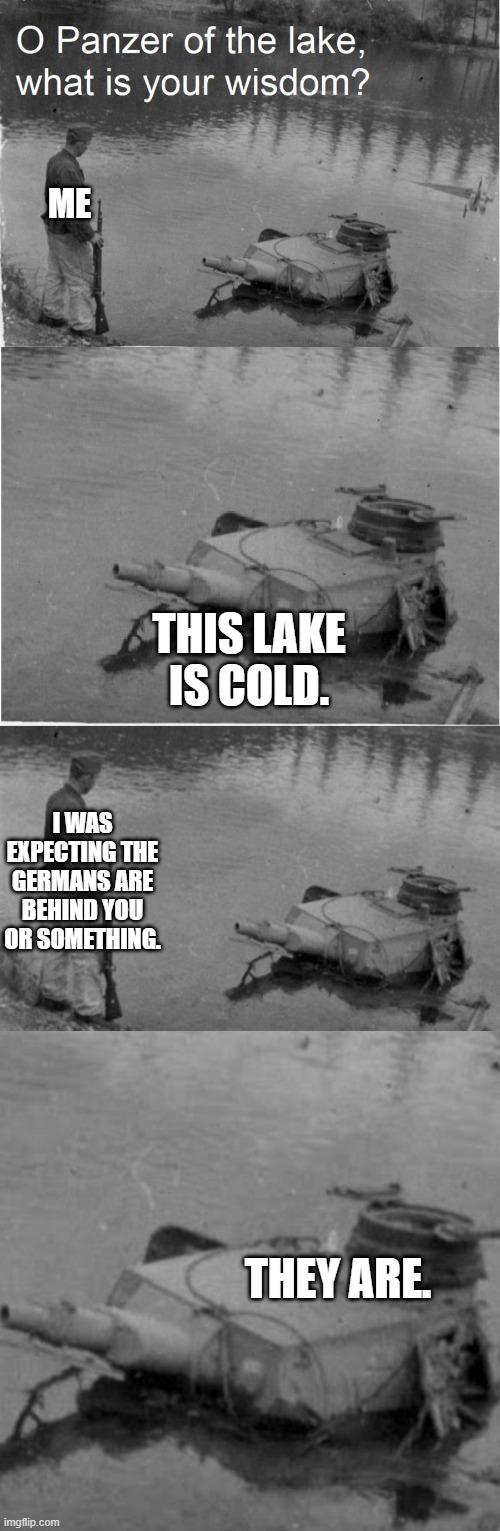  ME; THIS LAKE IS COLD. I WAS EXPECTING THE GERMANS ARE BEHIND YOU OR SOMETHING. THEY ARE. | image tagged in o panzer of the lake | made w/ Imgflip meme maker