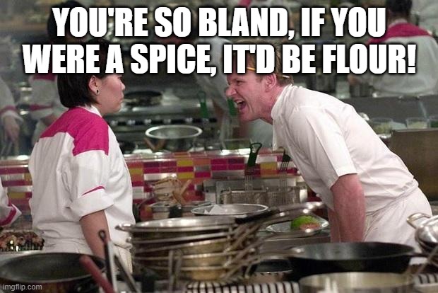 Gordon Ramsey | YOU'RE SO BLAND, IF YOU WERE A SPICE, IT'D BE FLOUR! | image tagged in gordon ramsey | made w/ Imgflip meme maker