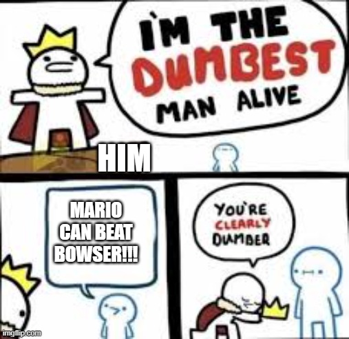 Your Clearly Dumber | HIM; MARIO CAN BEAT BOWSER!!! | image tagged in your clearly dumber | made w/ Imgflip meme maker