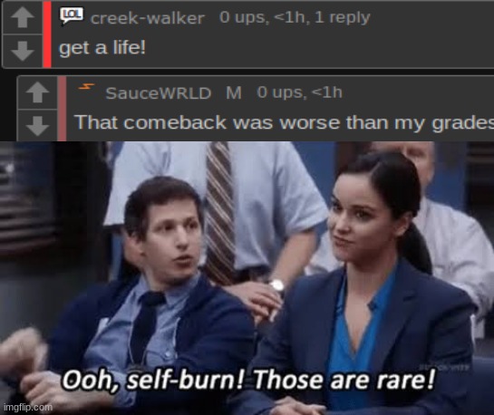 Ooh, self-burn! Those are rare! | image tagged in ooh self-burn those are rare | made w/ Imgflip meme maker