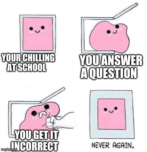 never | YOUR CHILLING AT SCHOOL; YOU ANSWER A QUESTION; YOU GET IT INCORRECT | image tagged in never again | made w/ Imgflip meme maker