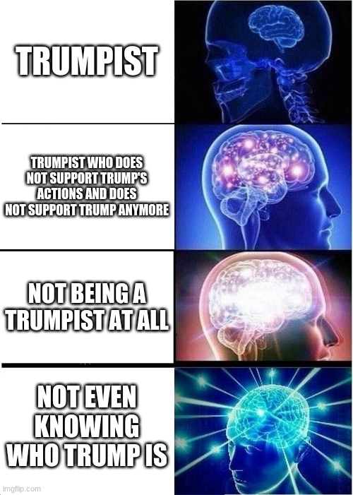 Expanding Brain | TRUMPIST; TRUMPIST WHO DOES NOT SUPPORT TRUMP'S ACTIONS AND DOES NOT SUPPORT TRUMP ANYMORE; NOT BEING A TRUMPIST AT ALL; NOT EVEN KNOWING WHO TRUMP IS | image tagged in memes,expanding brain | made w/ Imgflip meme maker