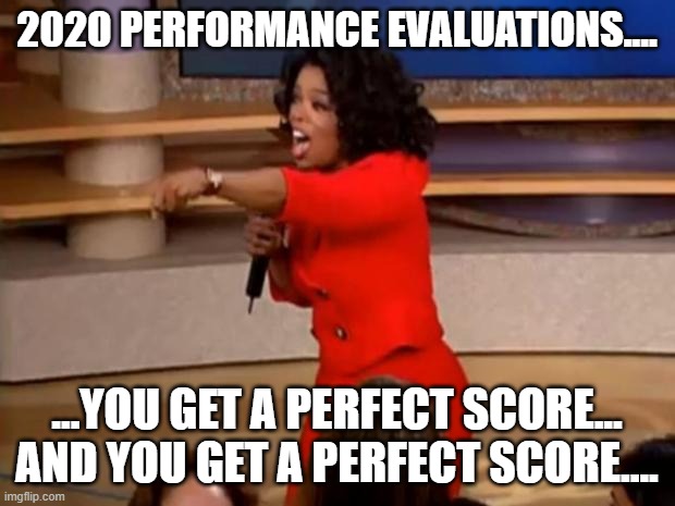 2020 Performance Reviews | 2020 PERFORMANCE EVALUATIONS.... ...YOU GET A PERFECT SCORE... AND YOU GET A PERFECT SCORE.... | image tagged in oprah - you get a car | made w/ Imgflip meme maker