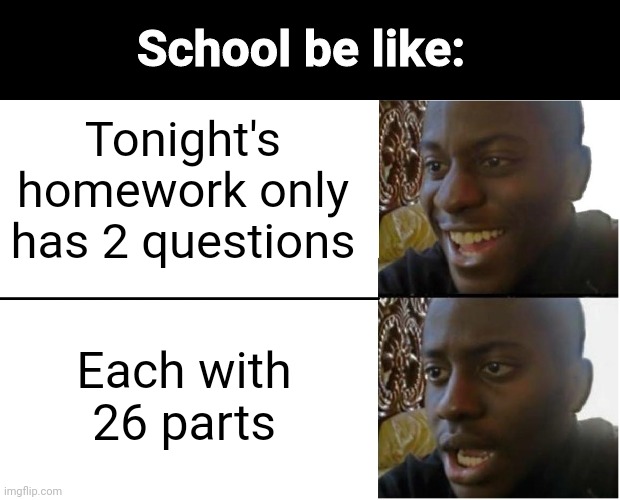 From A-Z | School be like:; Tonight's homework only has 2 questions; Each with 26 parts | image tagged in disappointed black guy | made w/ Imgflip meme maker