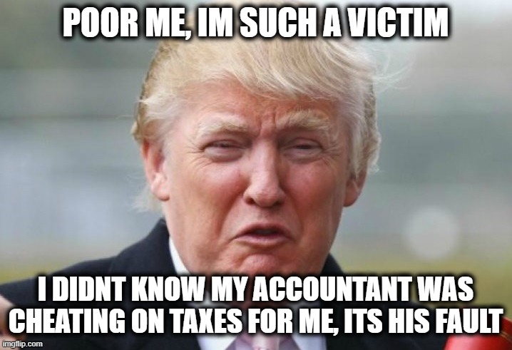 Not playing with a full deck, and the half of one he has is nothing but 'victim cards'. sad. | POOR ME, IM SUCH A VICTIM; I DIDNT KNOW MY ACCOUNTANT WAS CHEATING ON TAXES FOR ME, ITS HIS FAULT | image tagged in trump crybaby,memes,politics,trump is a criminal,snowflake,whiners | made w/ Imgflip meme maker