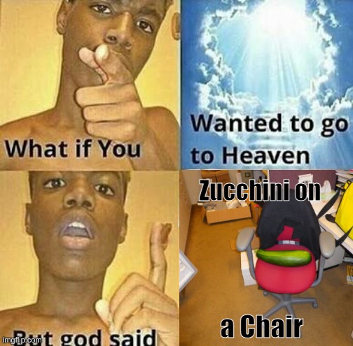 Zucchini On A Chair | Zucchini on; a Chair | image tagged in what if you wanted to go to heaven,zucc,vegetables,chair,choccy milk,amogus | made w/ Imgflip meme maker