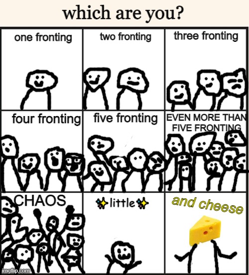 Who is fronting?for systems | which are you? three fronting; one fronting; two fronting; EVEN MORE THAN FIVE FRONTING; five fronting; four fronting; CHAOS; and cheese; ✨little✨ | image tagged in which one are you,littles,alters,headmates,co-con,cheese | made w/ Imgflip meme maker