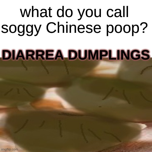 when the beans go bad |  what do you call soggy Chinese poop? DIARREA DUMPLINGS | image tagged in poop,poopy pants,pooping,diarrhea | made w/ Imgflip meme maker