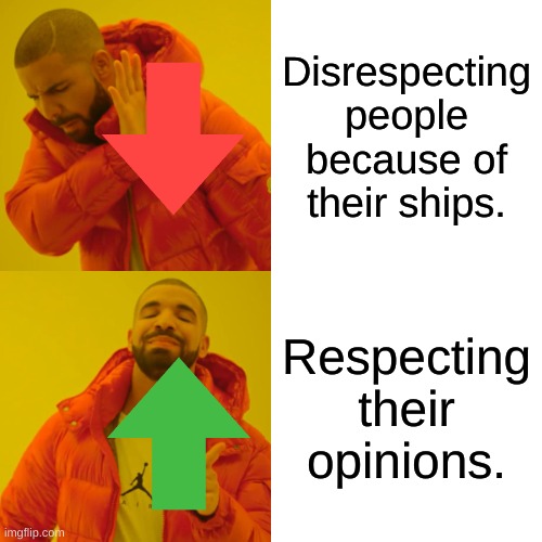 There are a few exceptions. | Disrespecting people because of their ships. Respecting their opinions. | image tagged in memes,drake hotline bling | made w/ Imgflip meme maker