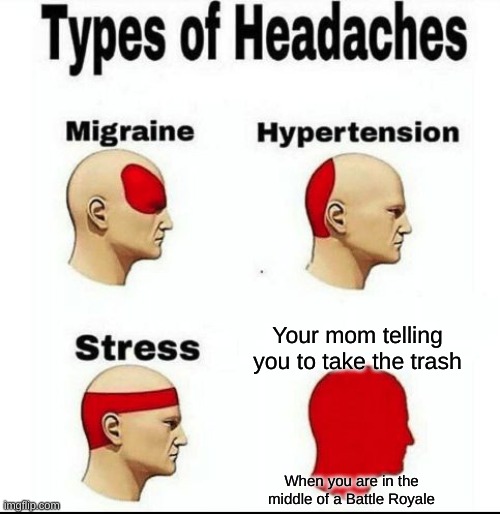 Types of Headaches meme | Your mom telling you to take the trash; When you are in the middle of a Battle Royale | image tagged in types of headaches meme | made w/ Imgflip meme maker