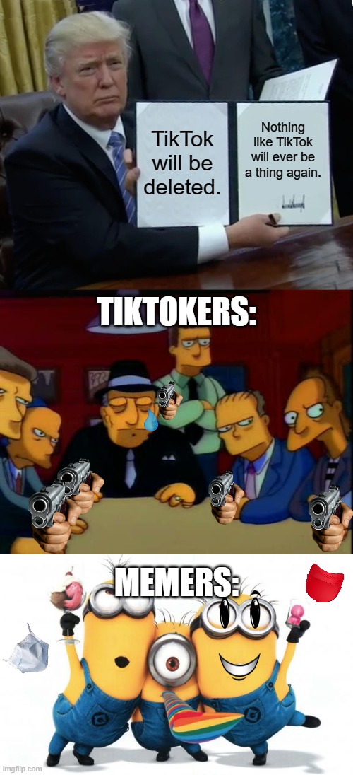 TikTok will be deleted. Nothing like TikTok will ever be a thing again. TIKTOKERS:; MEMERS: | image tagged in memes,trump bill signing,mafia,minion party despicable me,yay,who even reads these | made w/ Imgflip meme maker