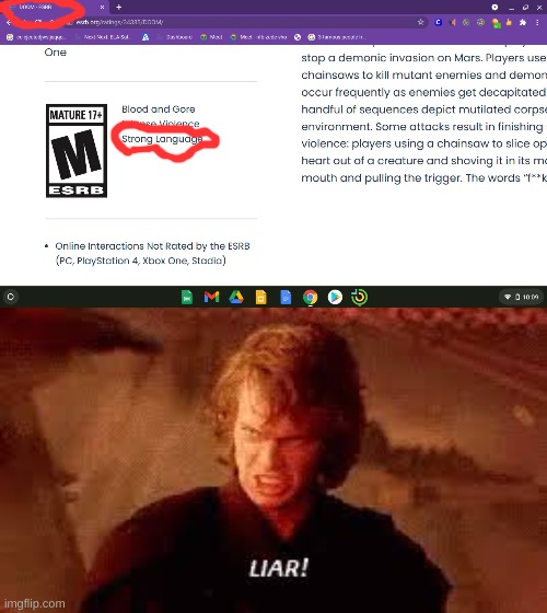 this is doom 2016s esrb and i beat the game many times and the only word that is KINDA bad is hell | image tagged in anakin liar | made w/ Imgflip meme maker