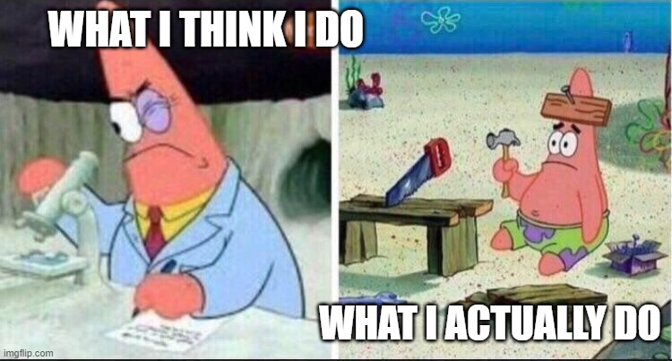 Smart Patrick Dumb Patrick | WHAT I THINK I DO; WHAT I ACTUALLY DO | image tagged in smart patrick dumb patrick | made w/ Imgflip meme maker