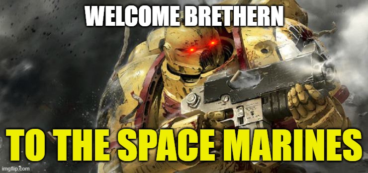 WELCOME BROTHERS | WELCOME BRETHERN; TO THE SPACE MARINES | image tagged in space marine in war,warhammer40k | made w/ Imgflip meme maker