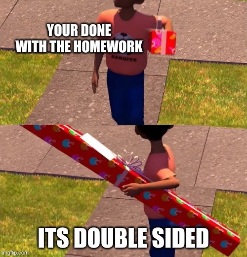 BiG OoF | YOUR DONE WITH THE HOMEWORK; ITS DOUBLE SIDED | image tagged in toy story present kid | made w/ Imgflip meme maker