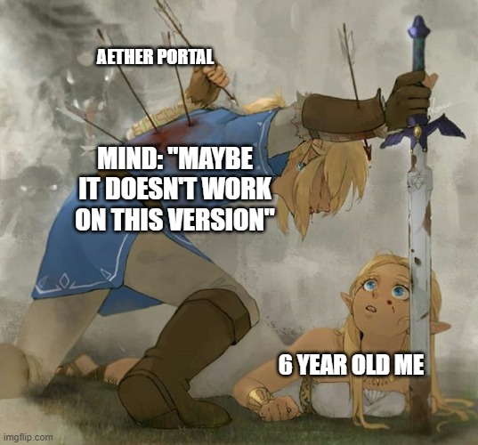 I was disapointed :( | AETHER PORTAL; MIND: "MAYBE IT DOESN'T WORK ON THIS VERSION"; 6 YEAR OLD ME | image tagged in link and zelda | made w/ Imgflip meme maker