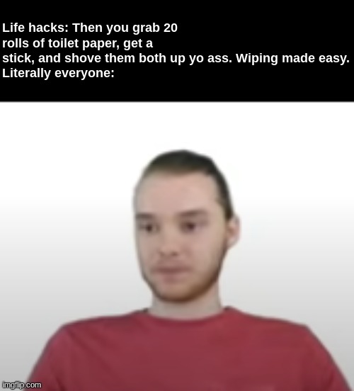 Life hacks: Then you grab 20 rolls of toilet paper, get a stick, and shove them both up yo ass. Wiping made easy.
Literally everyone: | made w/ Imgflip meme maker