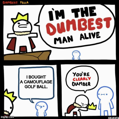 I'm the dumbest man alive | I BOUGHT A CAMOUFLAGE GOLF BALL. | image tagged in i'm the dumbest man alive | made w/ Imgflip meme maker