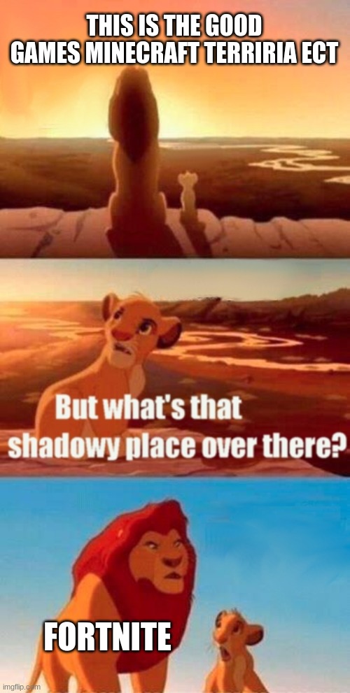 Simba Shadowy Place | THIS IS THE GOOD GAMES MINECRAFT TERRIRIA ECT; FORTNITE | image tagged in memes,simba shadowy place | made w/ Imgflip meme maker