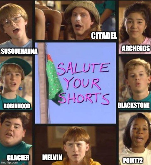 Salute your Shorts | SUSQUEHANNA; CITADEL; ARCHEGOS; ROBINHOOD; BLACKSTONE; MELVIN; GLACIER; POINT72 | image tagged in salute your shorts,Superstonk | made w/ Imgflip meme maker