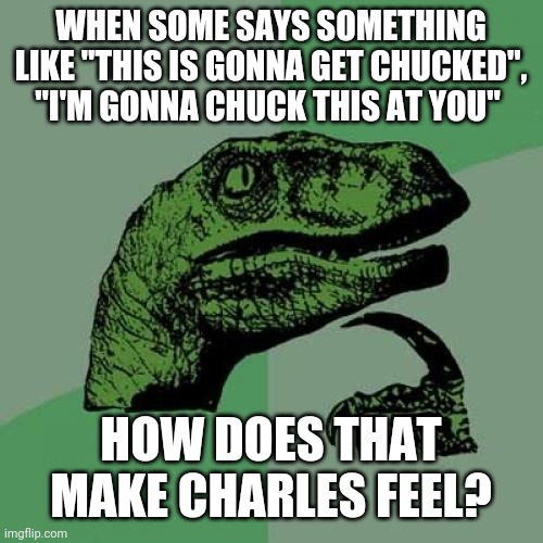 Hmmmmm | WHEN SOME SAYS SOMETHING LIKE "THIS IS GONNA GET CHUCKED", "I'M GONNA CHUCK THIS AT YOU"; HOW DOES THAT MAKE CHARLES FEEL? | image tagged in memes,philosoraptor,random,thoughts | made w/ Imgflip meme maker