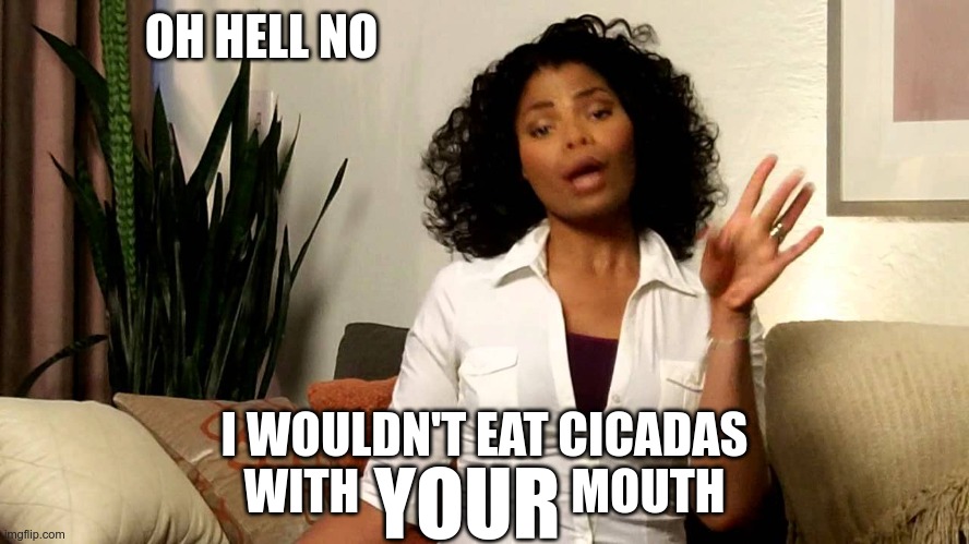 Oh hell no! | OH HELL NO I WOULDN'T EAT CICADAS WITH                      MOUTH YOUR | image tagged in oh hell no | made w/ Imgflip meme maker