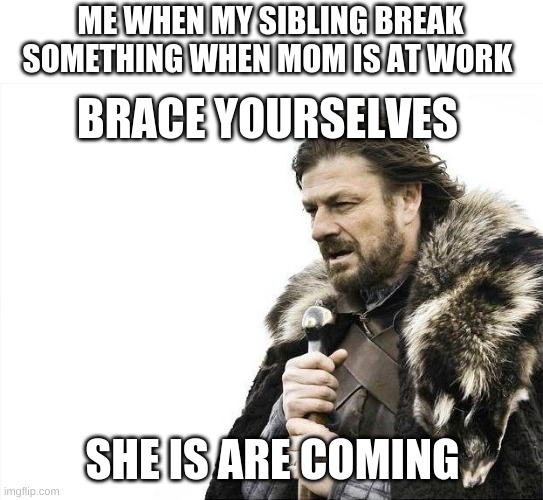 Brace Yourselves X is Coming | ME WHEN MY SIBLING BREAK SOMETHING WHEN MOM IS AT WORK; BRACE YOURSELVES; SHE IS ARE COMING | image tagged in memes,brace yourselves x is coming | made w/ Imgflip meme maker
